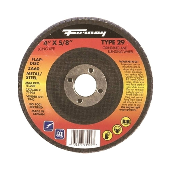 Forney 71992 Flap Disc, 4 in Dia, 5/8 in Arbor, 60 Grit, Medium, Zirconia Aluminum Abrasive, Fiberglass Backing