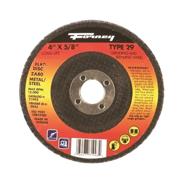 Forney 71993 Flap Disc, 4 in Dia, 5/8 in Arbor, 80 Grit, Fine, Zirconia Aluminum Abrasive, Fiberglass Backing