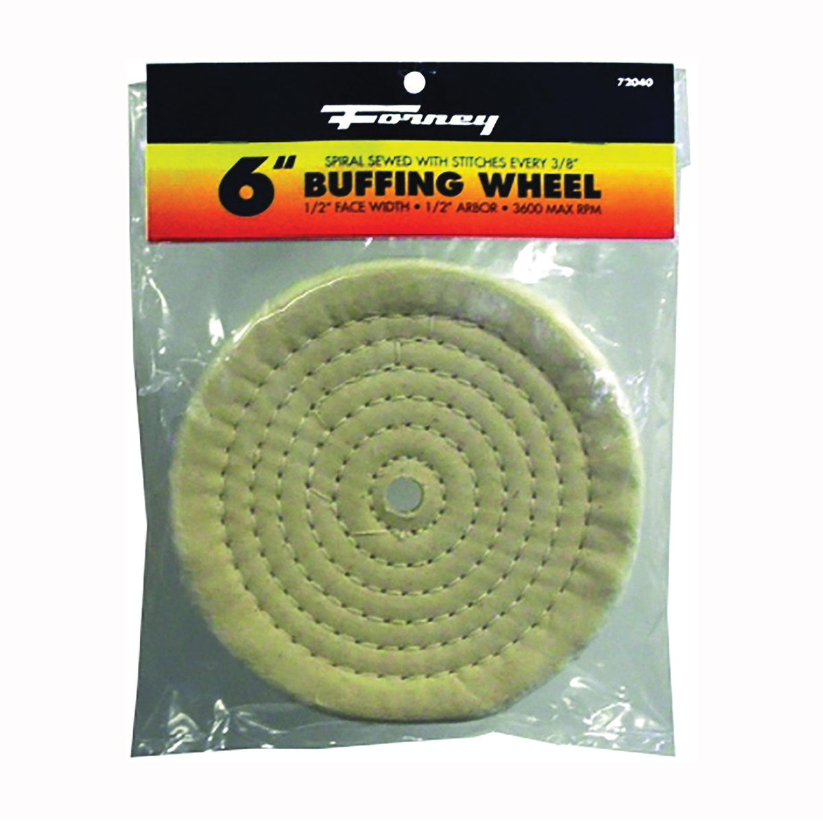 Forney 72040 Buffing Wheel, 6 in Dia, 1/2 in Thick, 1/2 in Arbor, Cotton