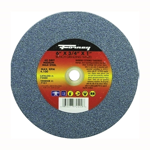 Forney 72400 Bench Grinding Wheel, 6 in Dia, 1 in Arbor, 60 Grit, Medium, Aluminum Oxide Abrasive