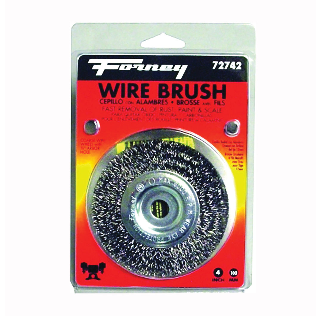 Forney 72742 Wire Wheel Brush, 4 in Dia, 1/2 in Arbor/Shank, 0.012 in Dia Bristle
