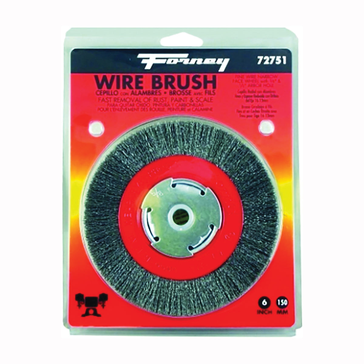 Forney 72751 Wire Bench Wheel Brush, 6 in Dia, 1/2 to 5/8 in Arbor/Shank, 0.008 in Dia Bristle