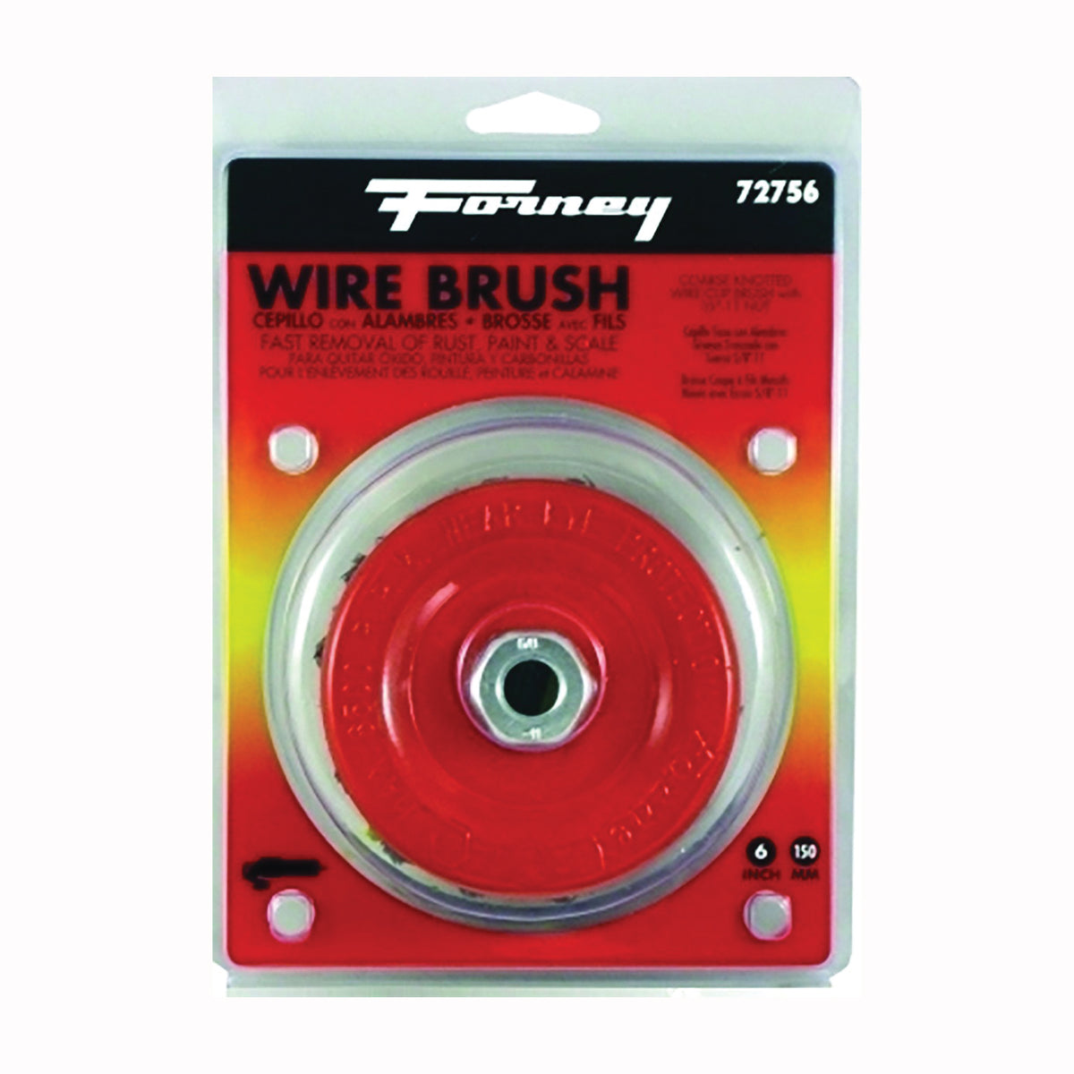 Forney 72756 Wire Cup Brush, 6 in Dia, 5/8-11 Arbor/Shank, 0.02 in Dia Bristle, Carbon Steel Bristle