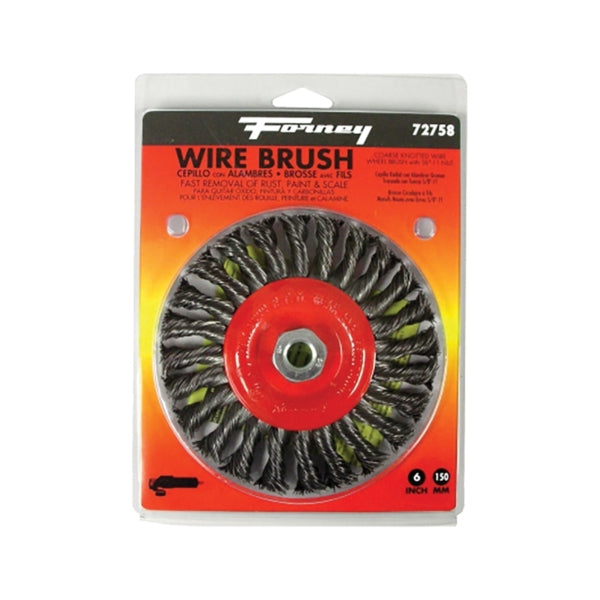 Forney 72758 Wire Wheel Brush, 6 in Dia, 5/8-11 Arbor/Shank, 0.02 in Dia Bristle, Carbon Steel Bristle