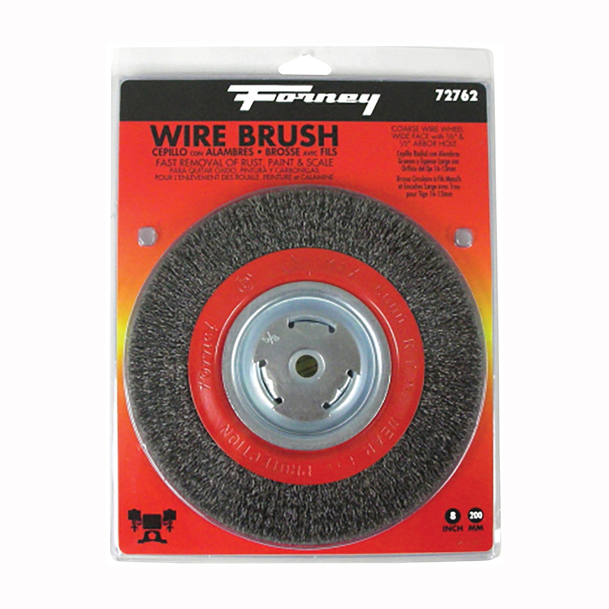 Forney 72762 Wire Bench Wheel Brush, 8 in Dia, 1/2 to 5/8 in Arbor/Shank, 0.014 in Dia Bristle
