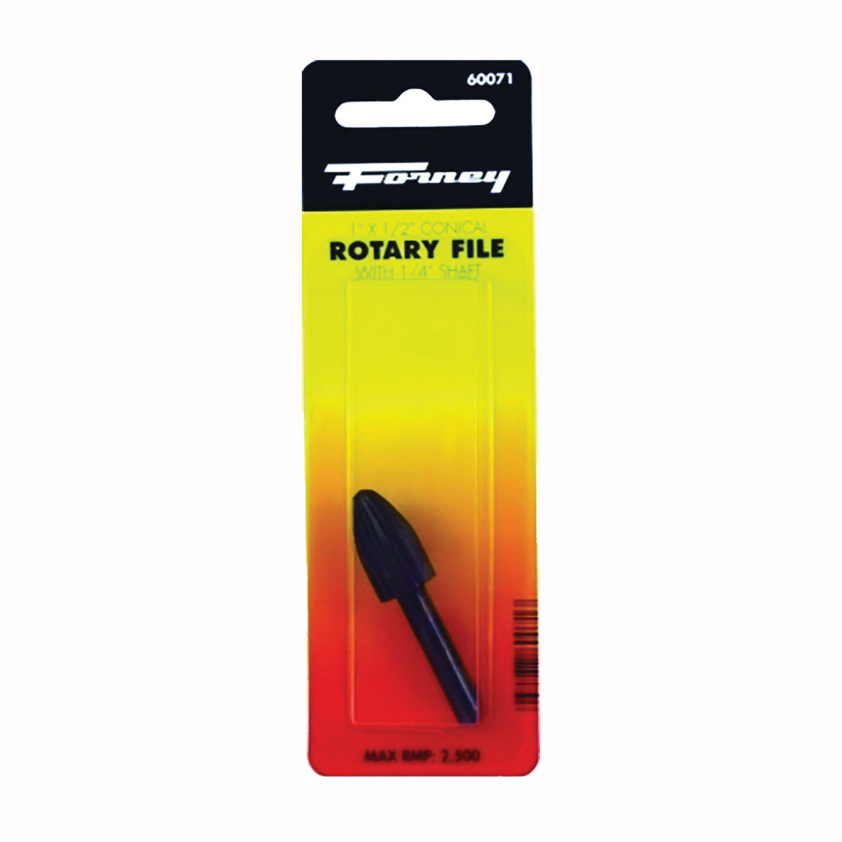 Forney 60071 Conical Shaped Rotary File with Rounded End, 1/2 in Dia Cutting, 1/4 in Dia Shank, Steel