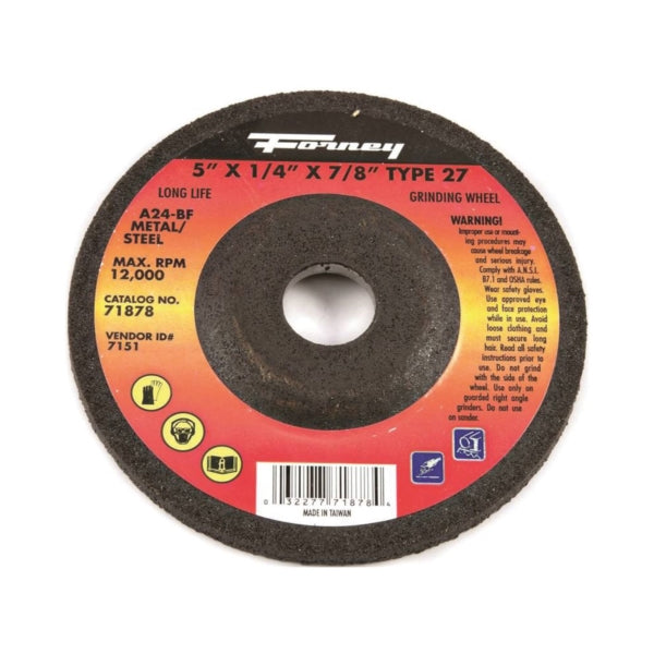 Forney 71878 Grinding Wheel, 5 in Dia, 1/4 in Thick, 7/8 in Arbor, 24 Grit, Coarse, Aluminum Oxide Abrasive
