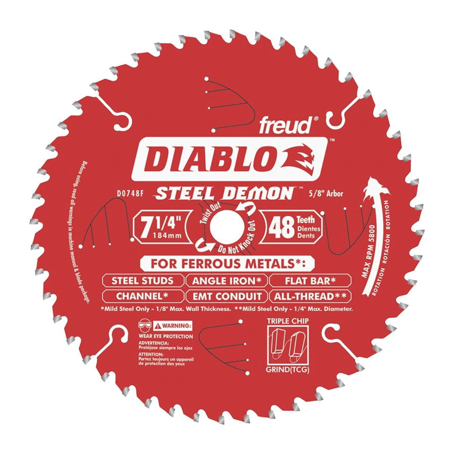 Diablo D0748F Circular Saw Blade, 7-1/4 in Dia, 5/8 in Arbor, 48-Teeth, Carbide Cutting Edge
