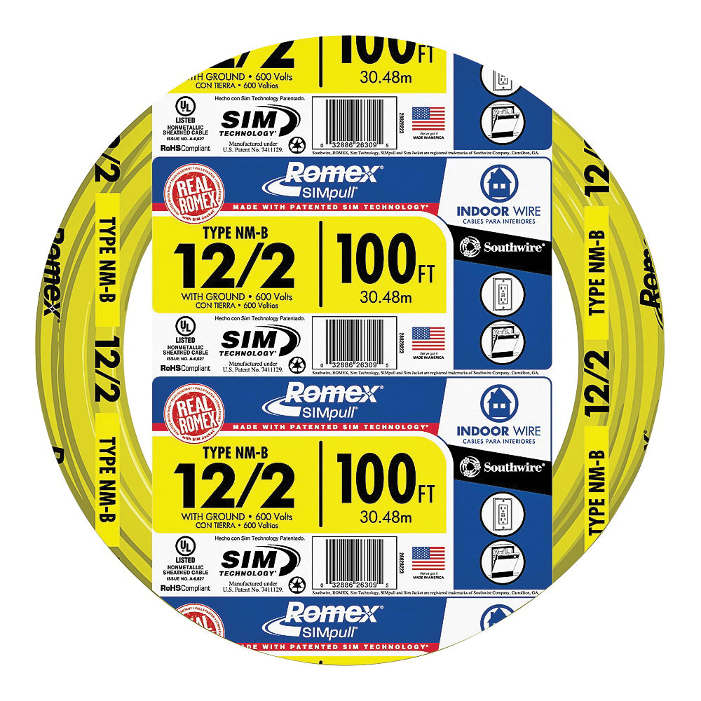Southwire 1054930 Building Wire, 12 AWG Wire, 2 -Conductor, 100 ft L, Copper Conductor, PVC Insulation