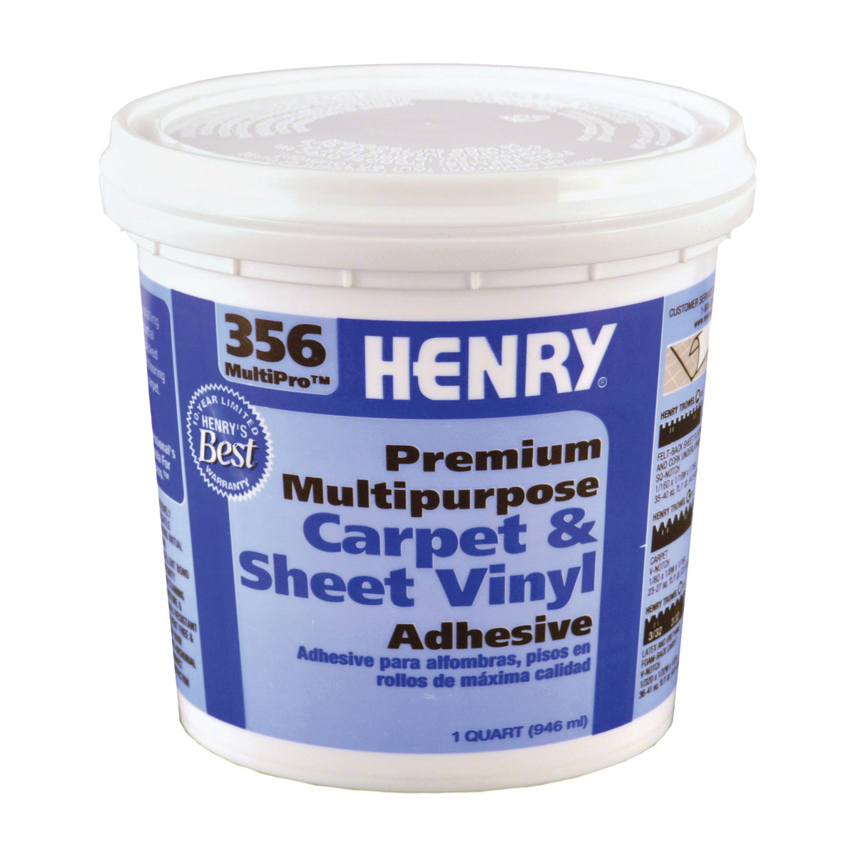 HENRY 356C MultiPro 356-030 Carpet and Sheet Adhesive, Paste, Mild, Pale Yellow, 1 qt Pail