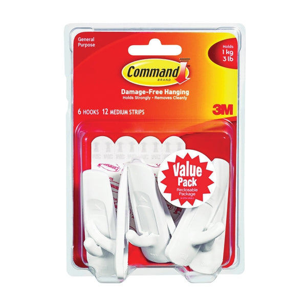 Command 17001-VP-6PK Utility Hook, 7/8 in Opening, 3 lb, 6-Hook, Plastic, White