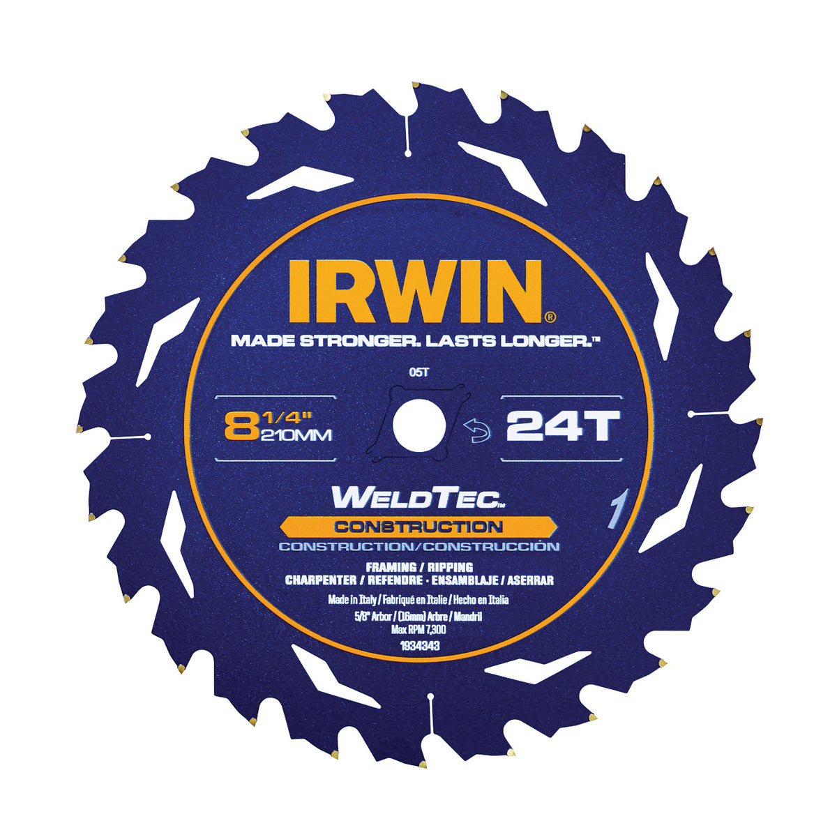 IRWIN MARATHON 1934343 Table Saw Blade, 8-1/2 in Dia, 5/8 in Arbor, 24-Teeth, Carbide Cutting Edge