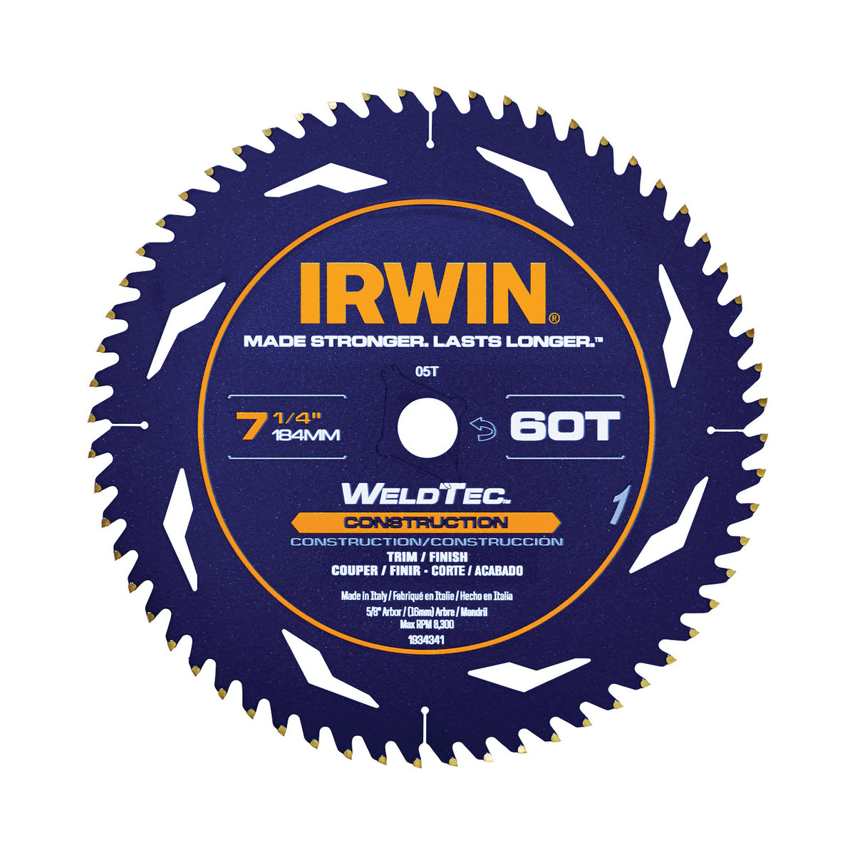 IRWIN 1934342 Circular Saw Blade, 7-1/4 in Dia, 5/8 in Arbor, 60-Teeth, Carbide Cutting Edge