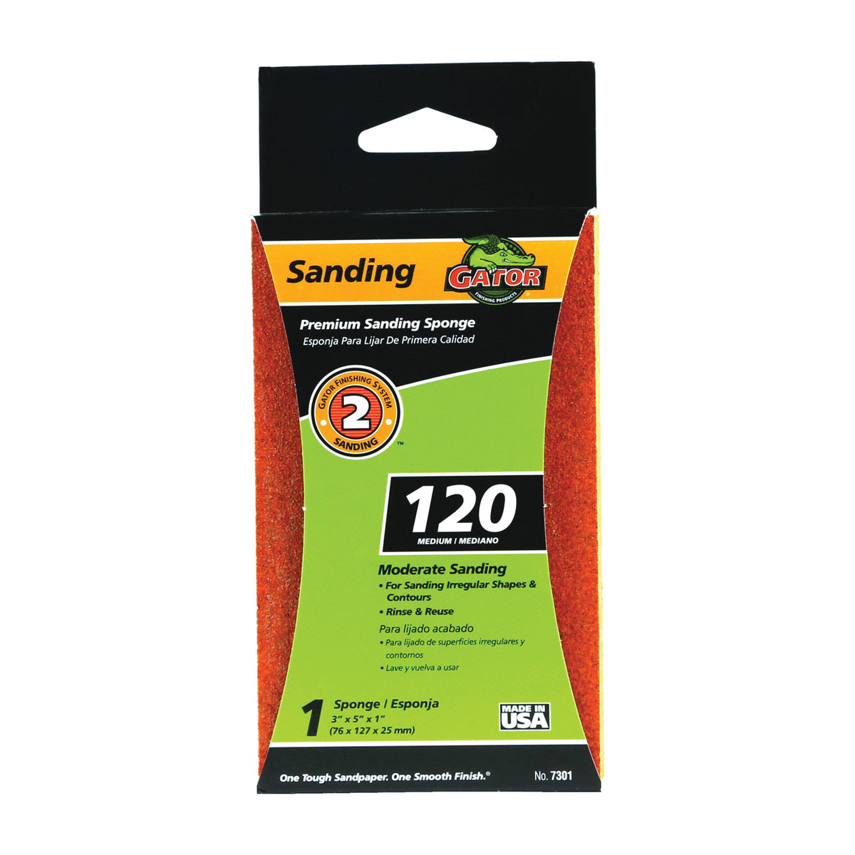 Gator 7301 Sanding Sponge, 5 in L, 3 in W, 120 Grit, Aluminum Oxide Abrasive