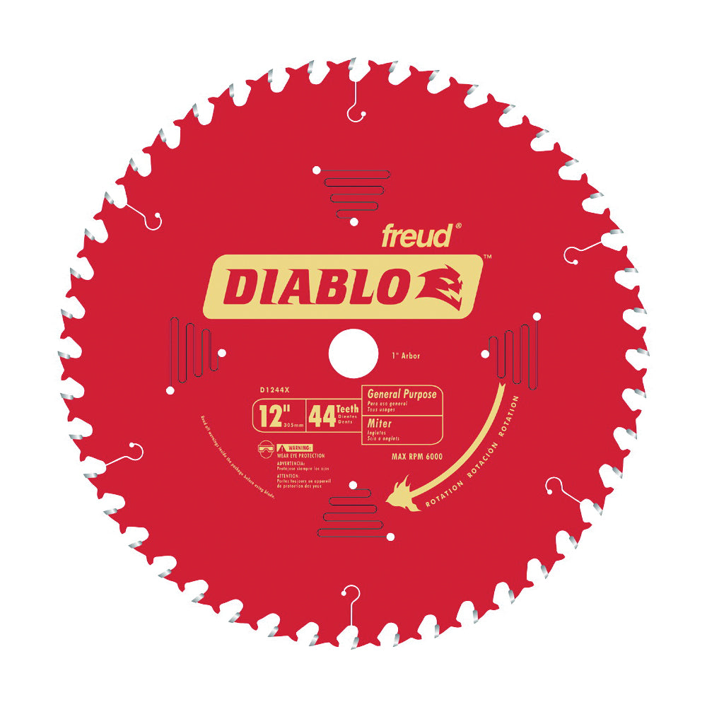 Diablo D1244X Circular Saw Blade, 12 in Dia, 1 in Arbor, 44-Teeth, Carbide Cutting Edge