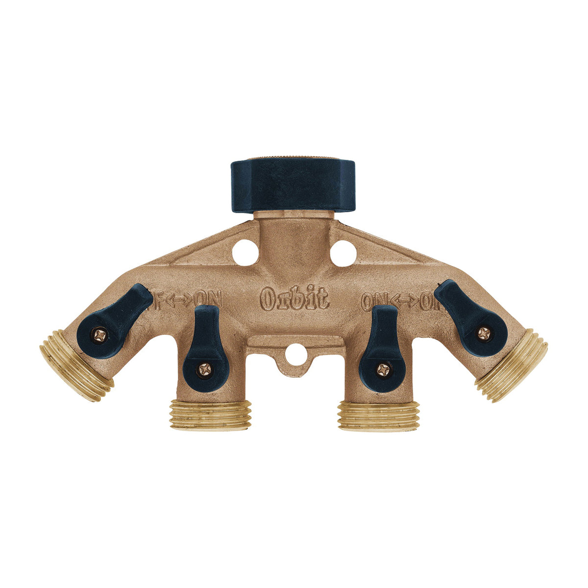Orbit 62010N Hose Faucet Manifold, 3/4 in Swivel x MHT, 4-Port/Way, Brass