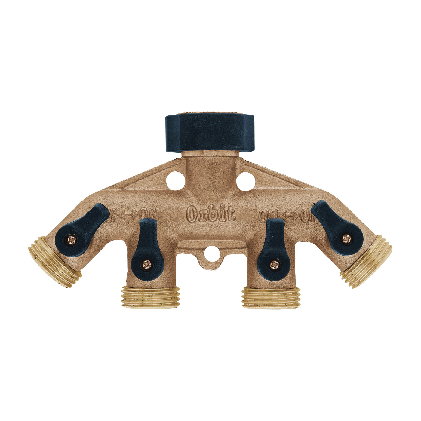 Orbit 62010N Hose Faucet Manifold, 3/4 in Swivel x MHT, 4-Port/Way, Brass
