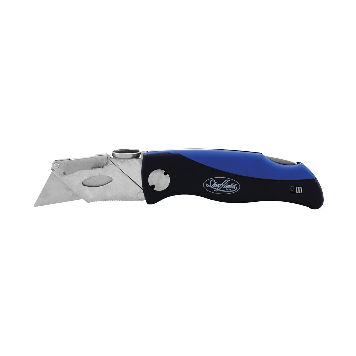Sheffield 12119 Utility Knife, 2-1/2 in L Blade, Stainless Steel Blade, Curved Handle, Blue/Green/Red/Yellow Handle