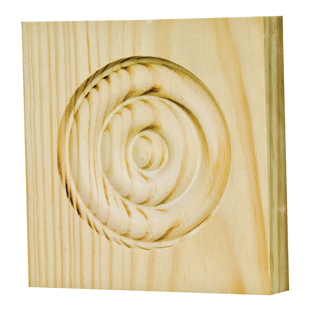 Waddell RTB35M Trim Block, 3-3/4 in H, 3-3/4 in W, Rosette Pattern, Pine Wood