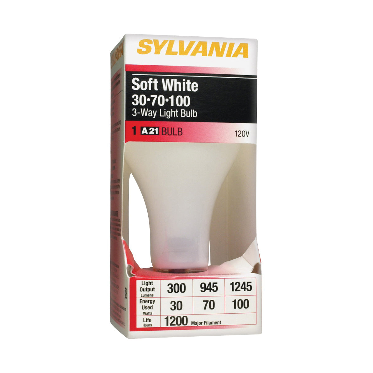 Sylvania 19385 Incandescent Lamp, 30/70/100 W, A21 Lamp, Medium Lamp Base, 290, 915, 1205 Lumens, 2850 K Color Temp