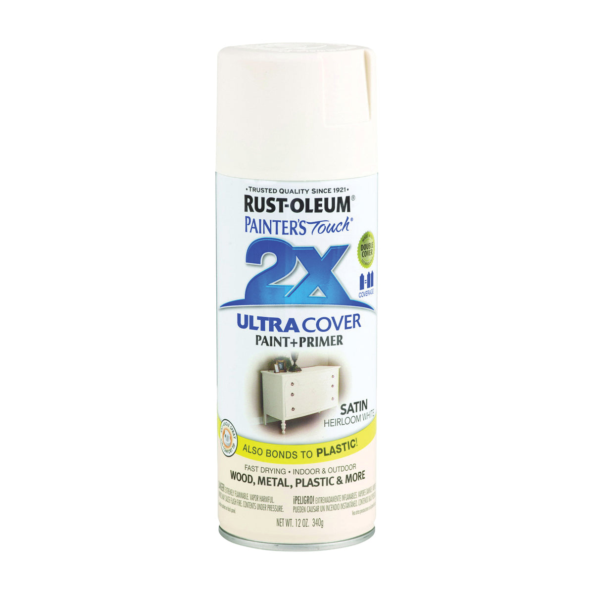 RUST-OLEUM PAINTER'S Touch 249076 Satin Spray Paint, Satin, Heirloom White, 12 oz, Aerosol Can