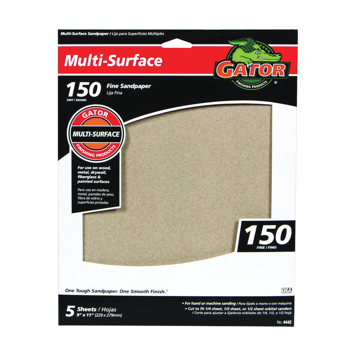 Gator 4442 Sanding Sheet, 11 in L, 9 in W, 150 Grit, Fine, Aluminum Oxide Abrasive