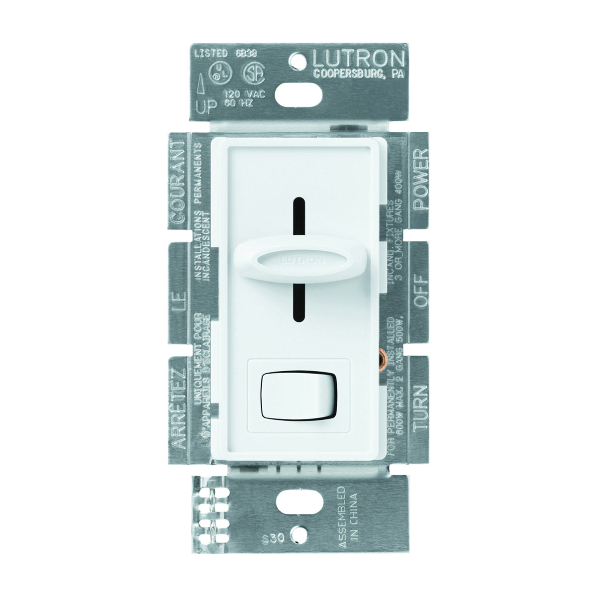 Lutron Skylark S-603PGH-WH Dimmer, 5 A, 120 V, 600 W, Halogen, Incandescent Lamp, 3-Way, White