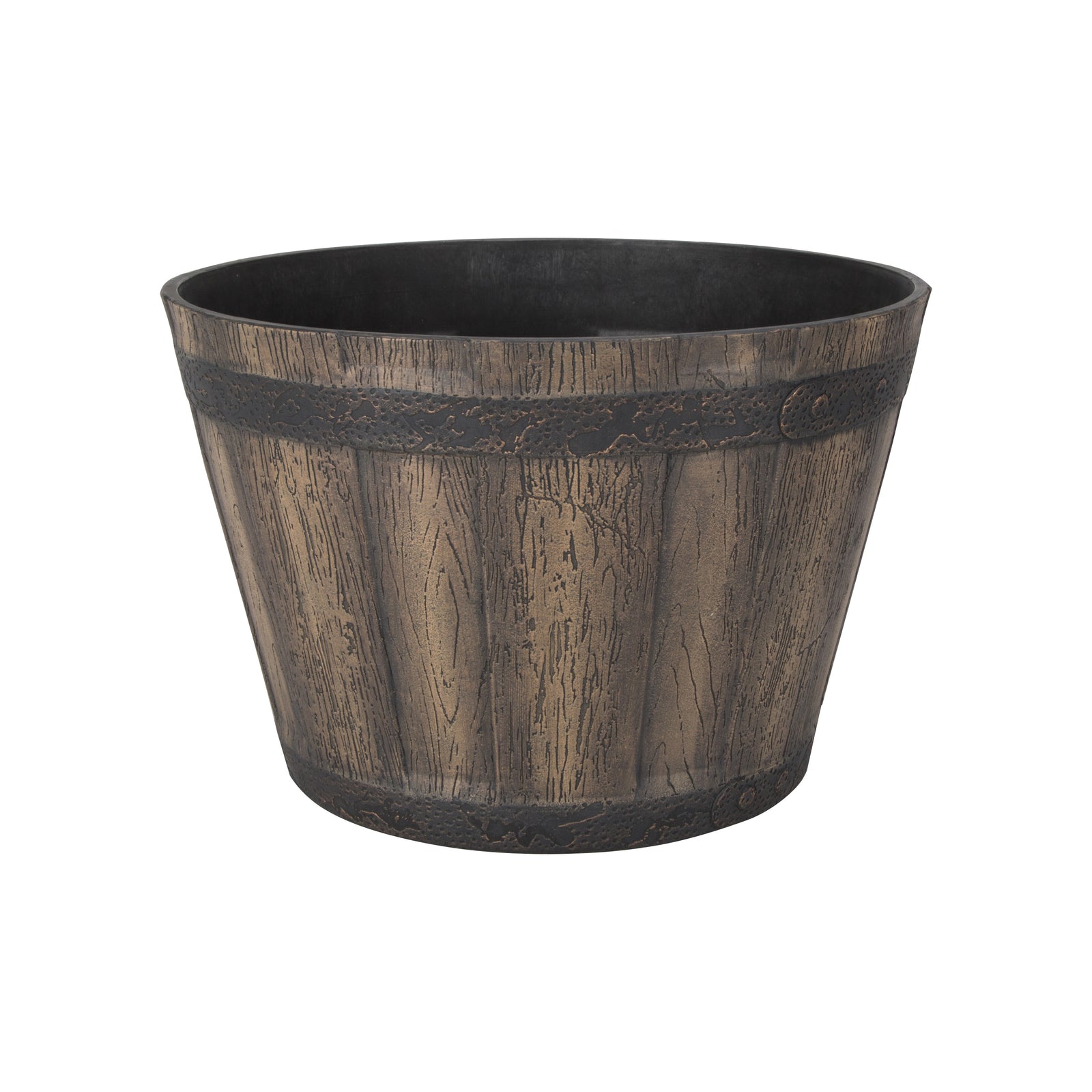 Landscapers Select Barrel Planter, 14-3/4 in Dia, Round, Whiskey Barrel Design, Resin, Weathered Oak