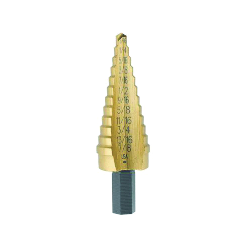 IRWIN Unibit 15104 Step Drill Bit, 3/16 to 7/8 in Dia, 3 in OAL, Tree Flute, 1-Flute, 3/8 in Dia Shank