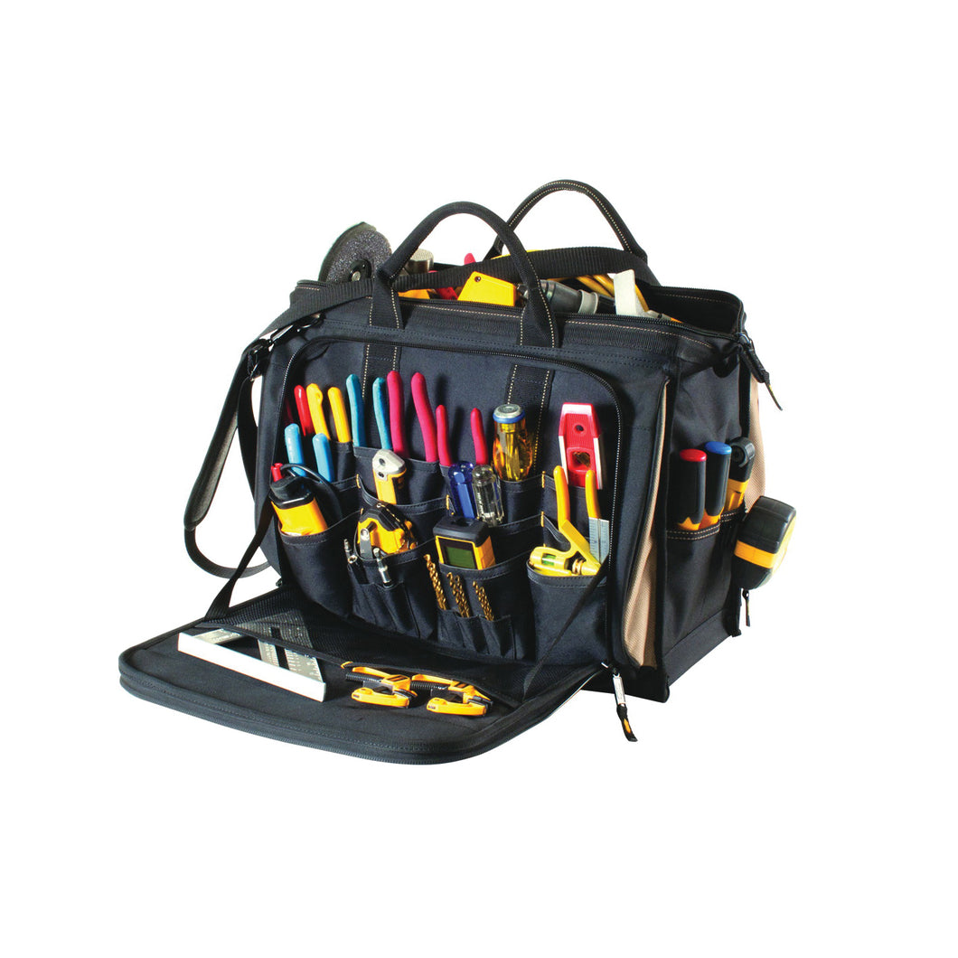 CLC Tool Works Series 1539 Multi-Compartment Tool Carrier, 7 in W, 14 in D, 18 in H, 58-Pocket, Polyester, Black/Brown