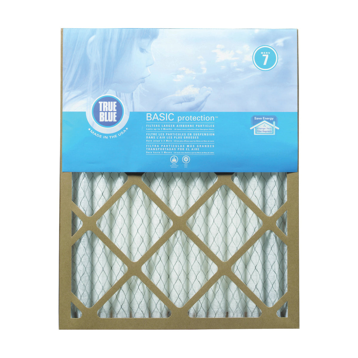 True Blue 225251 Air Filter, 25 in L, 25 in W, 7 MERV, 53.7 % Filter Efficiency, Synthetic Pleated Filter Media