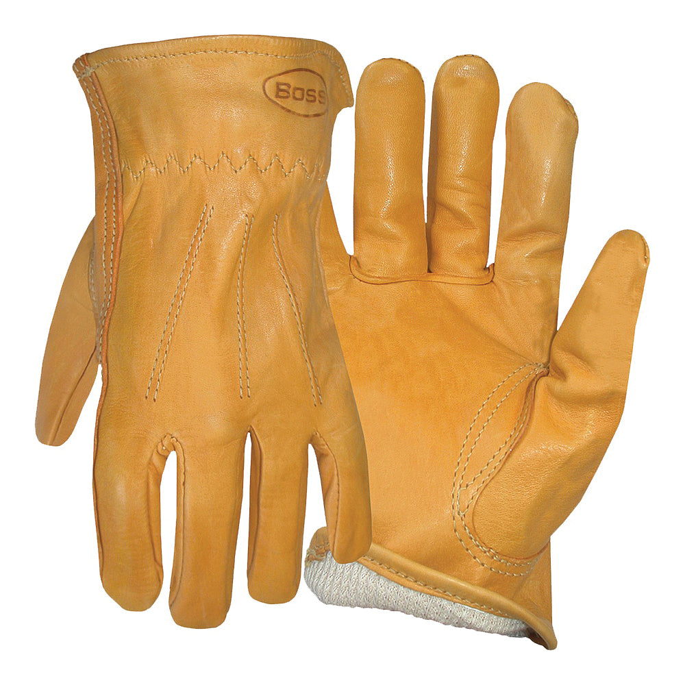 BOSS 6133M Driver Gloves, M, Keystone Thumb, Open, Shirred Elastic Back Cuff, Cowhide Leather, Gold