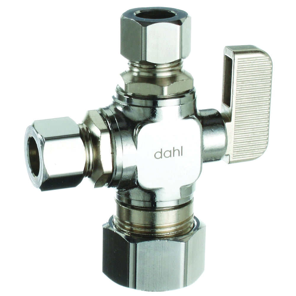 DAHL 511-33-31-31 Ball Valve, 5/8 x 3/8 x 3/8 in Connection, Compression, Manual Actuator, Brass Body