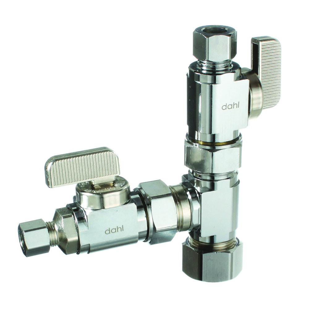 DAHL mini-ball E33-5000 Dual Shut-Off Valve, 5/8 x 3/8 x 1/4 in Connection, Compression, Manual Actuator, Brass Body