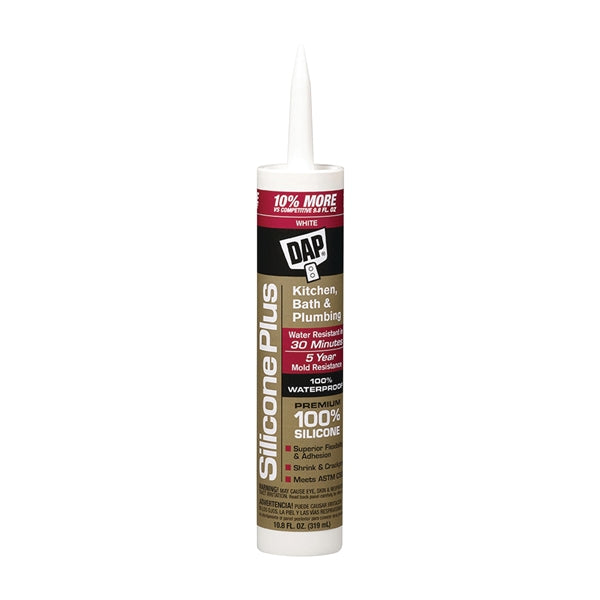 DAP Silicone Plus 08770 Sealant, White, -40 to 300 deg F, 10.1 fl-oz Cartridge