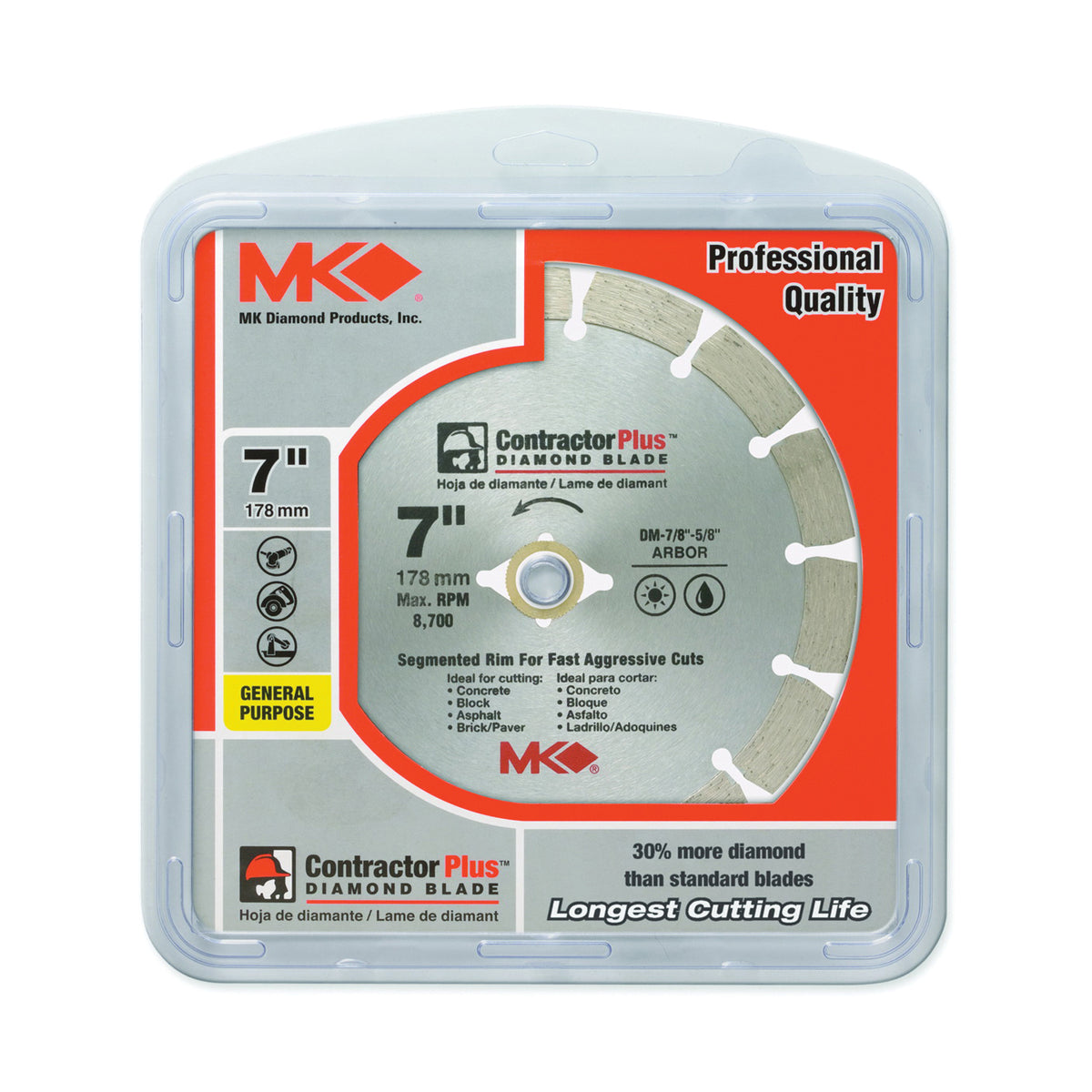MK 166991 Circular Saw Blade, 7 in Dia, 7/8 to 5/8 in Arbor, Diamond Cutting Edge