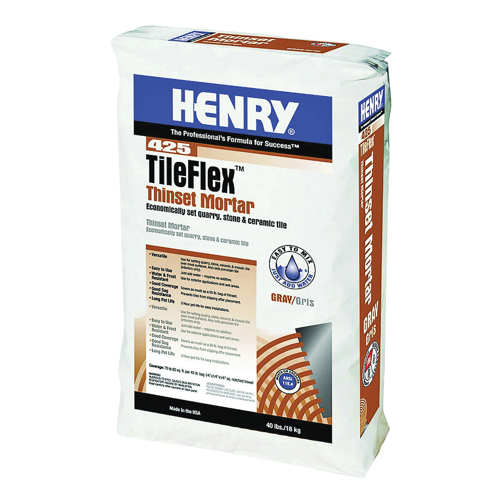 HENRY 425 TileFlex Series 12260 Thin-Set Mortar, Gray, Fine Solid Powder, 40 lb Bag