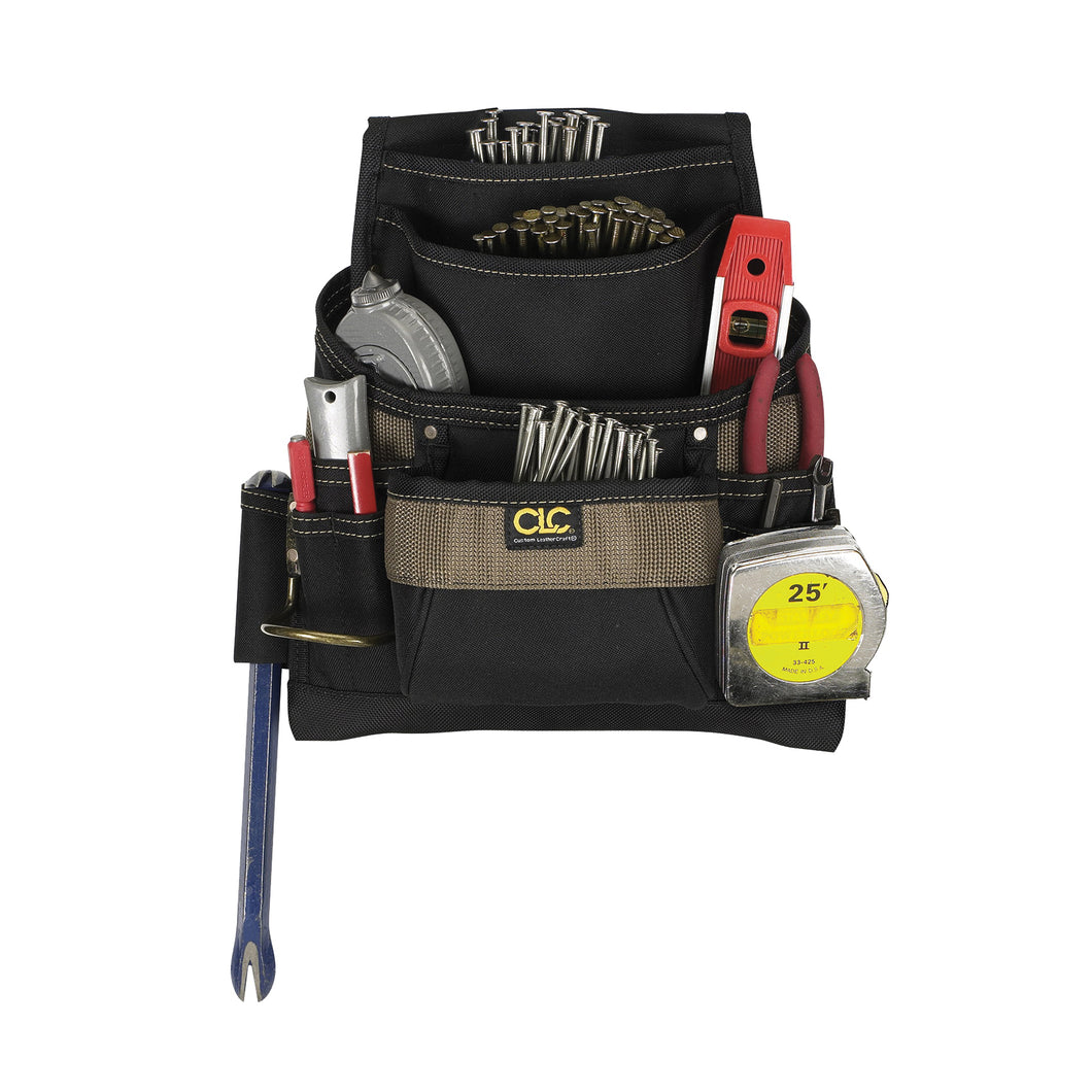 CLC Tool Works Series 1620 Nail/Tool Bag, 12-3/4 in W, 3-1/4 in D, 13-3/4 in H, 11-Pocket, Polyester, Black/Brown