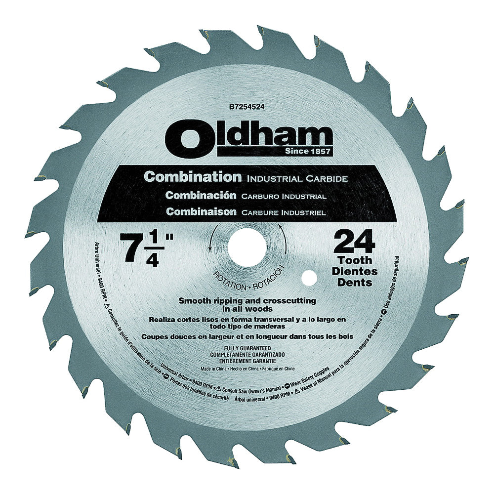 OLDHAM B7254524-10 Circular Saw Blade, 7-1/4 in Dia, 24-Teeth, Carbide Cutting Edge, Applicable Materials: Wood