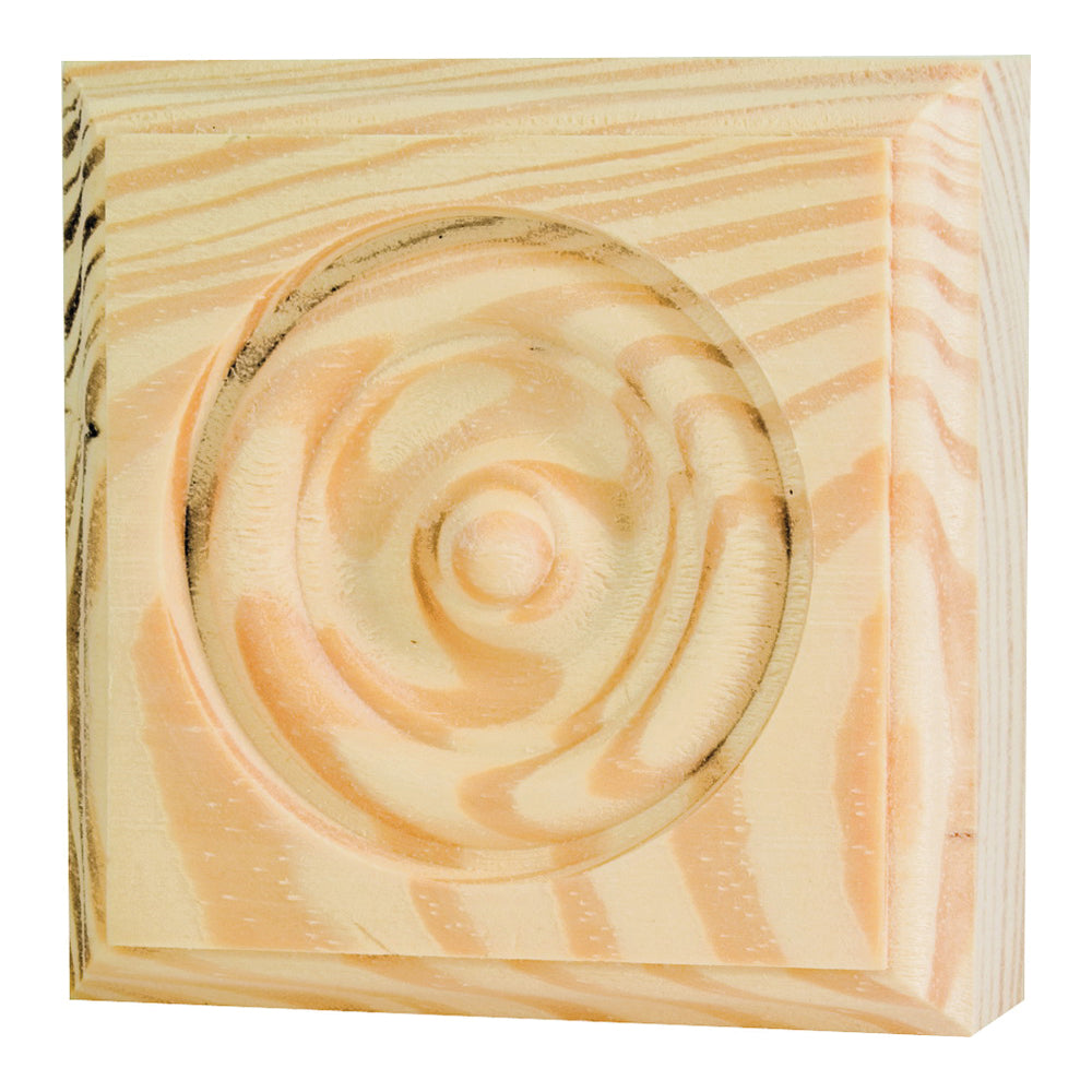 Waddell RTB35 Trim Block, 3-3/4 in H, 3-3/4 in W, Rosette Pattern, Pine Wood