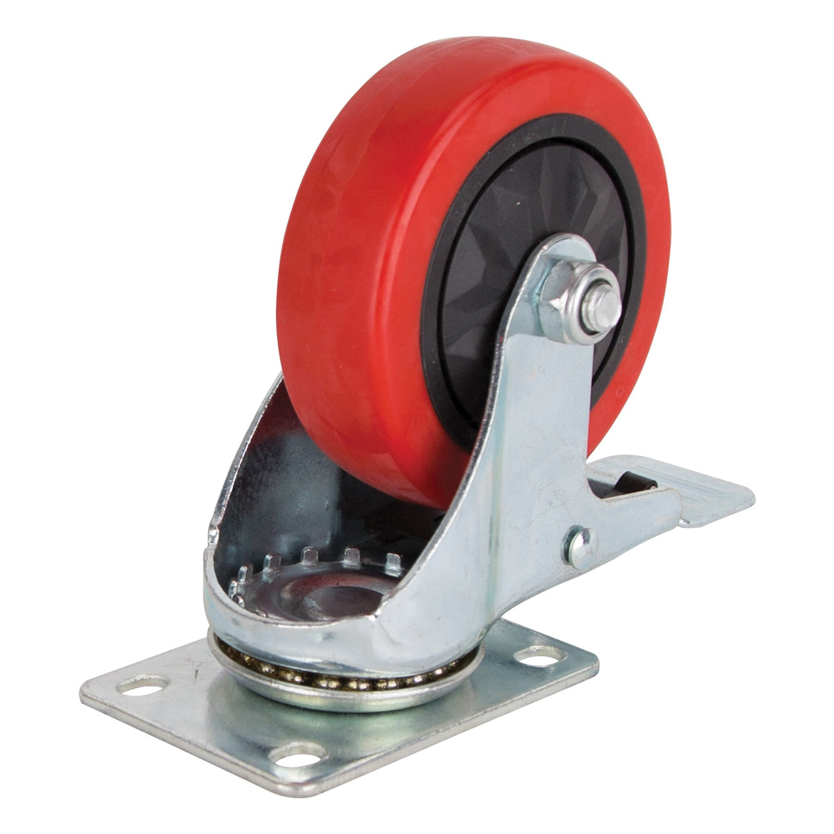 ProSource JC-387-G Swivel Caster with Brake, 4 in Dia Wheel, 30 mm W Wheel, PU Wheel, Red, 220 lb