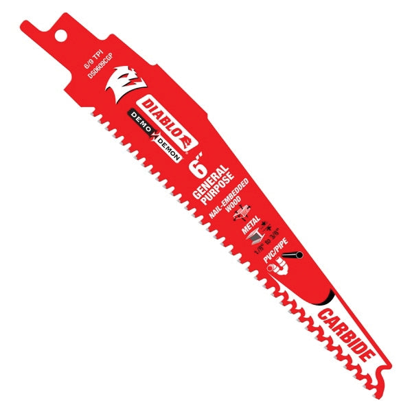 Diablo DS0609CGP Reciprocating Saw Blade, 6 in L, 6/9 TPI, Carbide Cutting Edge