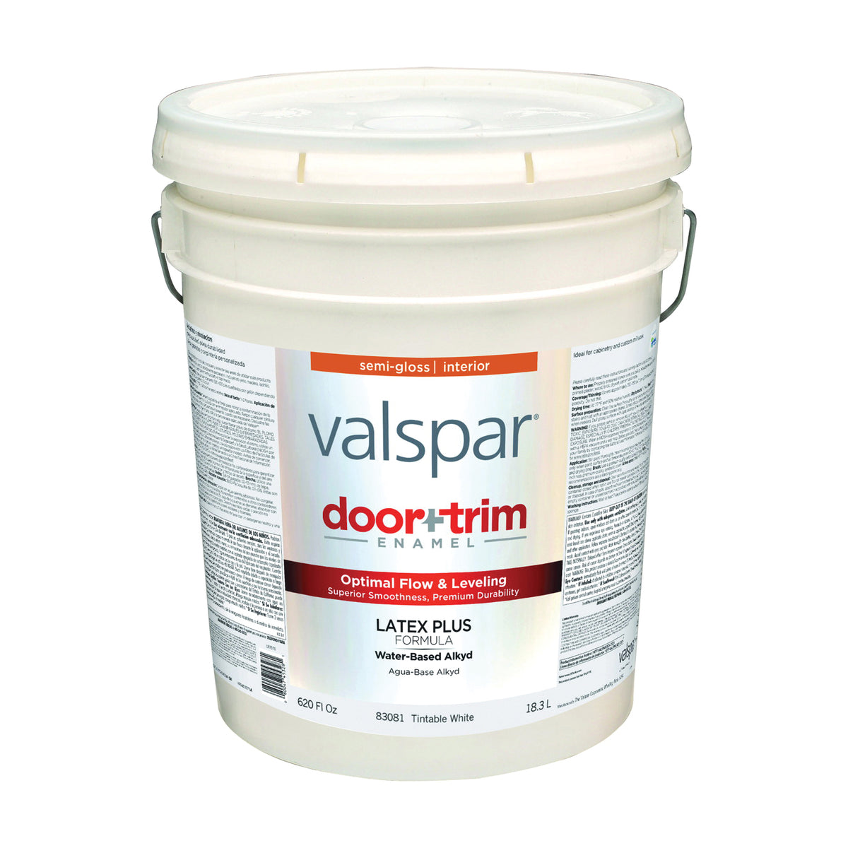 Valspar 045.0083081.008 Door and Trim Enamel, Tintable, White, 5 gal, Pail