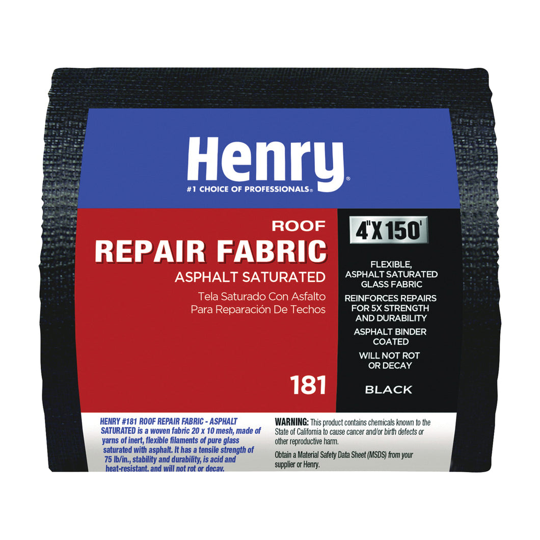 Henry 181 Series HE181195 Roof Patch Fabric, 150 ft L, 4 in W, Asphalt Saturated Glass, Black