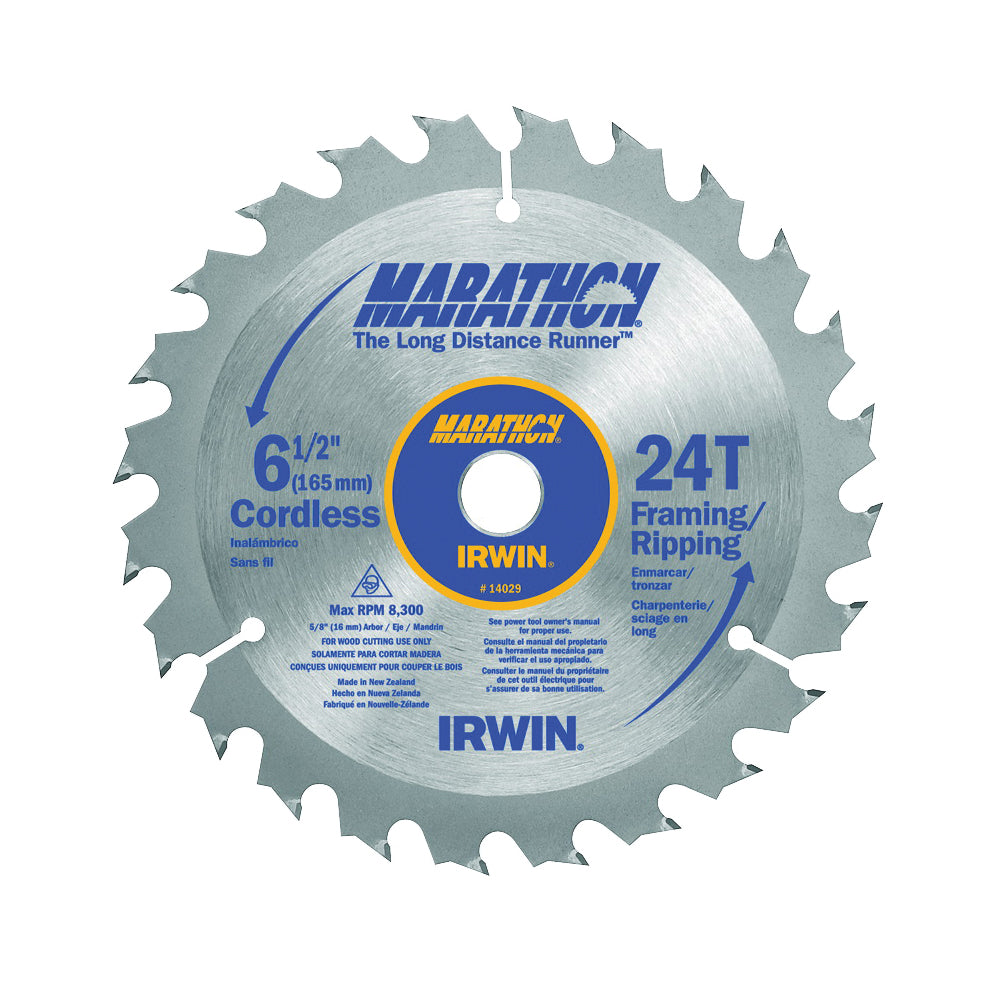 IRWIN MARATHON 14029 Circular Saw Blade, 6-1/2 in Dia, 5/8 in Arbor, 24-Teeth, Carbide Cutting Edge