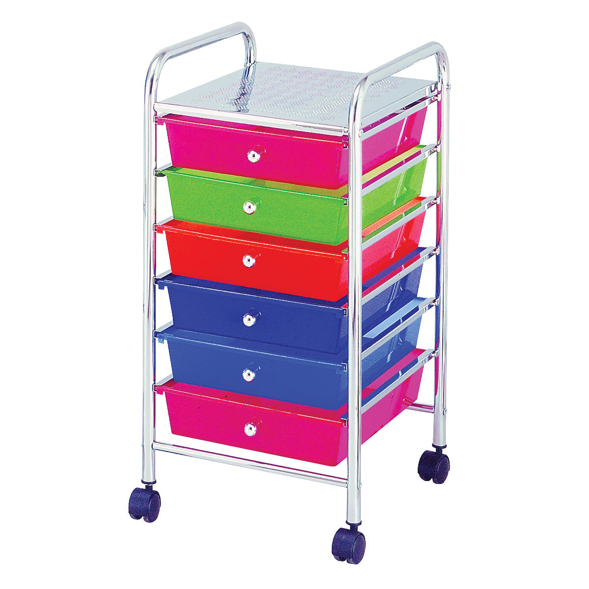 Simple Spaces G006-CH Storage Cart, 13 in OAW, 26 in OAH, 15-3/8 in OAL, 6-Shelf, Blue/Green/Orange/Pink Shelf
