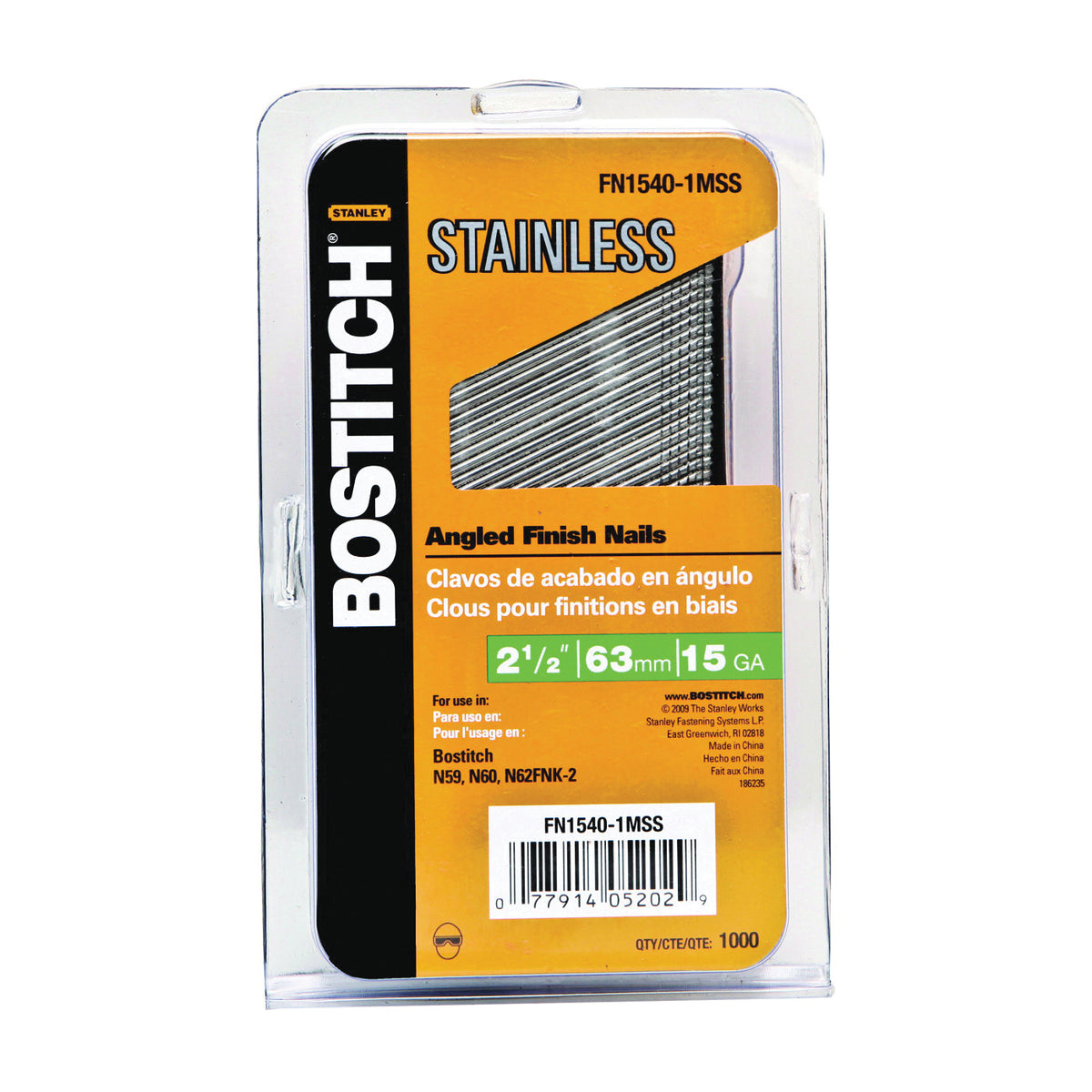 Bostitch FN1540-1MSS Finish Nail, 2-1/2 in L, 15 Gauge, Stainless Steel, Coated, Round Head, Smooth Shank