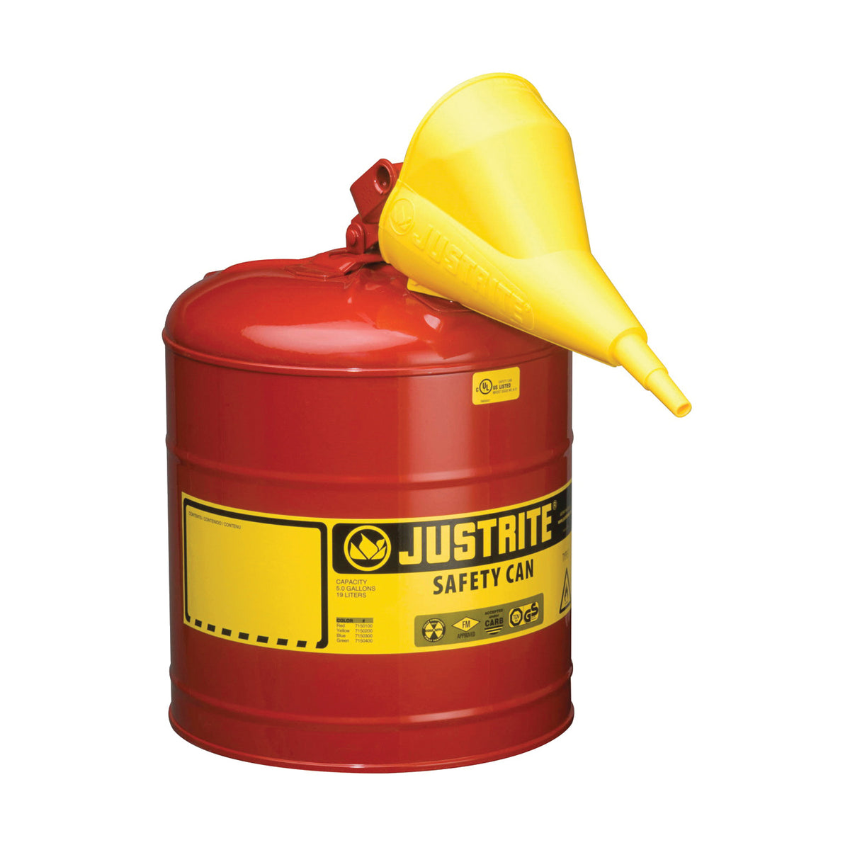 JUSTRITE 7150110 Safety Can, 5 gal Capacity, Steel, Red