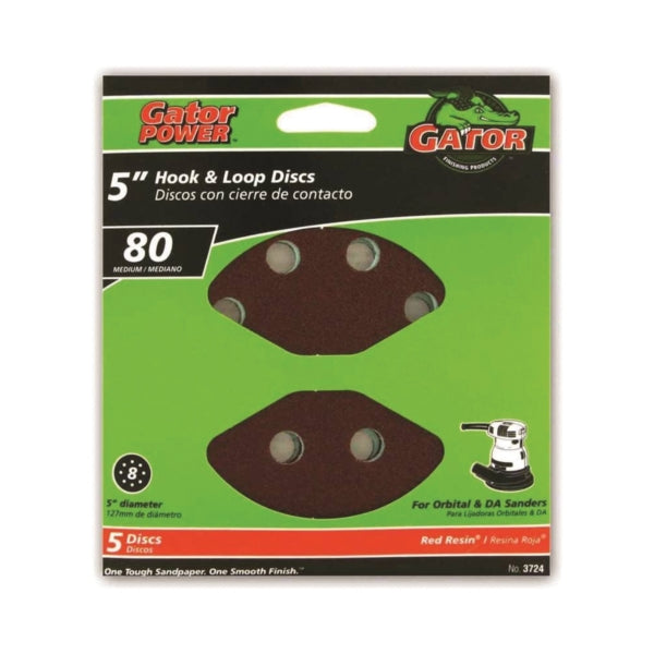 Gator 3724 Sanding Disc, 5 in Dia, 80 Grit, Medium, Aluminum Oxide Abrasive, Vented