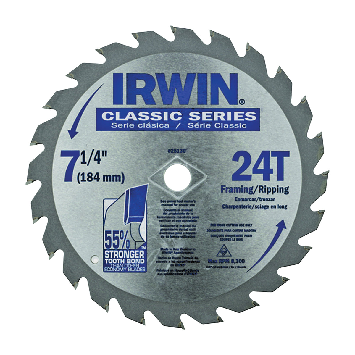IRWIN 25130 Circular Saw Blade, 7-1/4 in Dia, 5/8 in Arbor, 24-Teeth, Carbide Cutting Edge